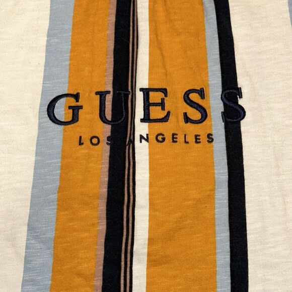 men’s vintage 90’s Guess Los Angeles vertical striped tee Medium embroidered - Picture 2 of 5
